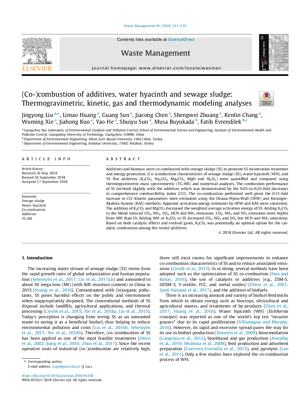 (Co-)combustion of additives, water hyacinth and sewage sludge: Thermogravimetric, kinetic, gas and thermodynamic modeling analyses