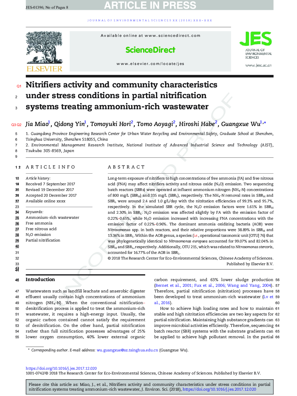 Nitrifiers activity and community characteristics under stress conditions in partial nitrification systems treating ammonium-rich wastewater