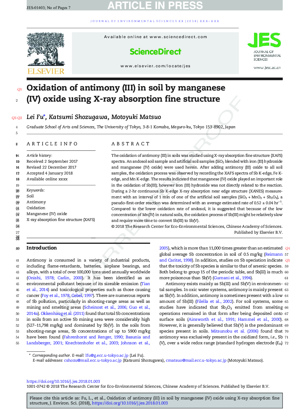 Oxidation of antimony (III) in soil by manganese (IV) oxide using X-ray absorption fine structure