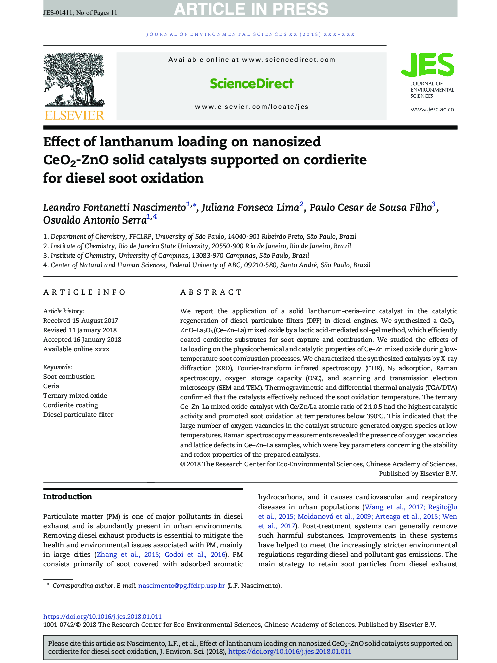 Effect of lanthanum loading on nanosized CeO2-ZnO solid catalysts supported on cordierite for diesel soot oxidation