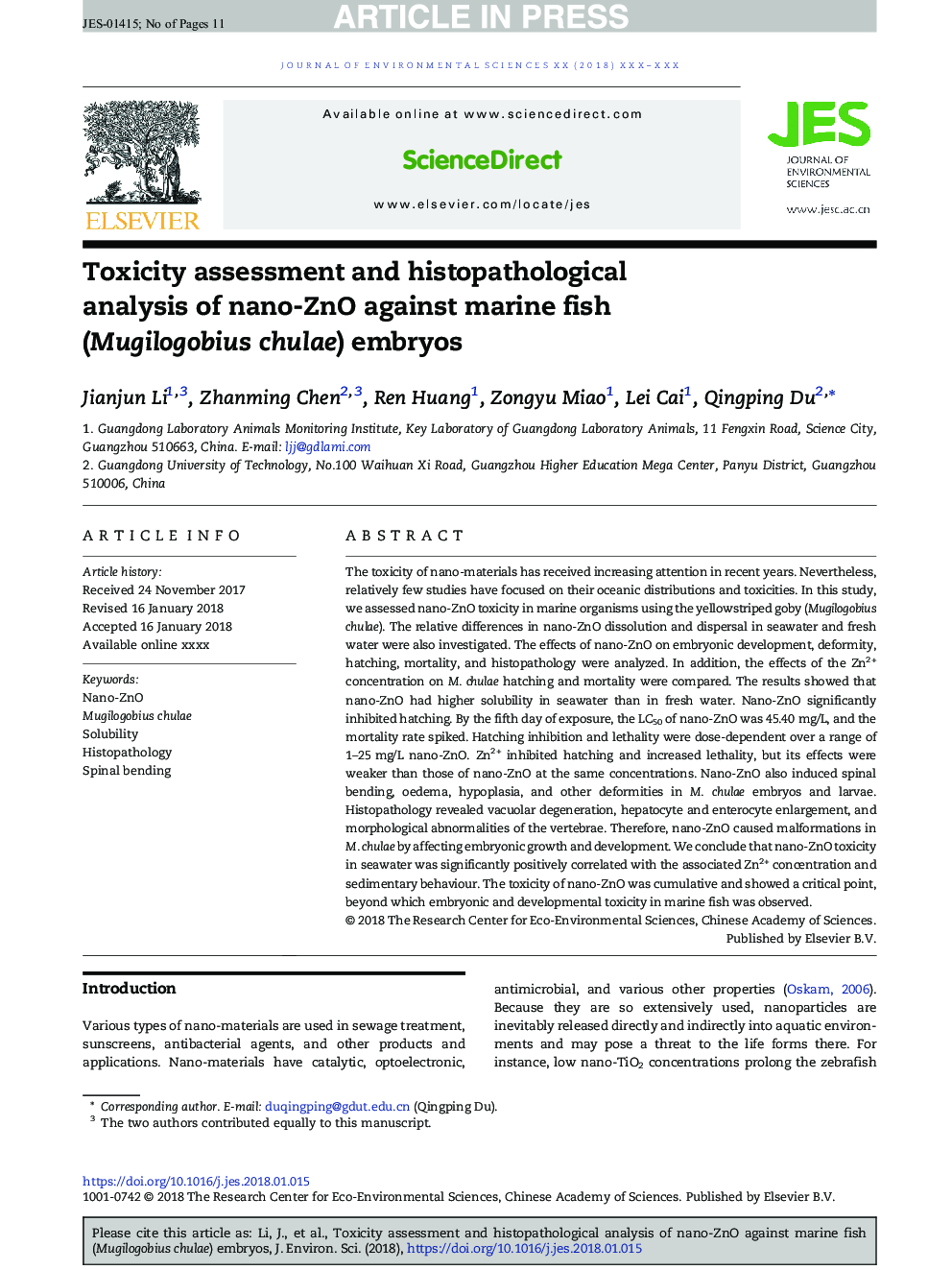 Toxicity assessment and histopathological analysis of nano-ZnO against marine fish (Mugilogobius chulae) embryos