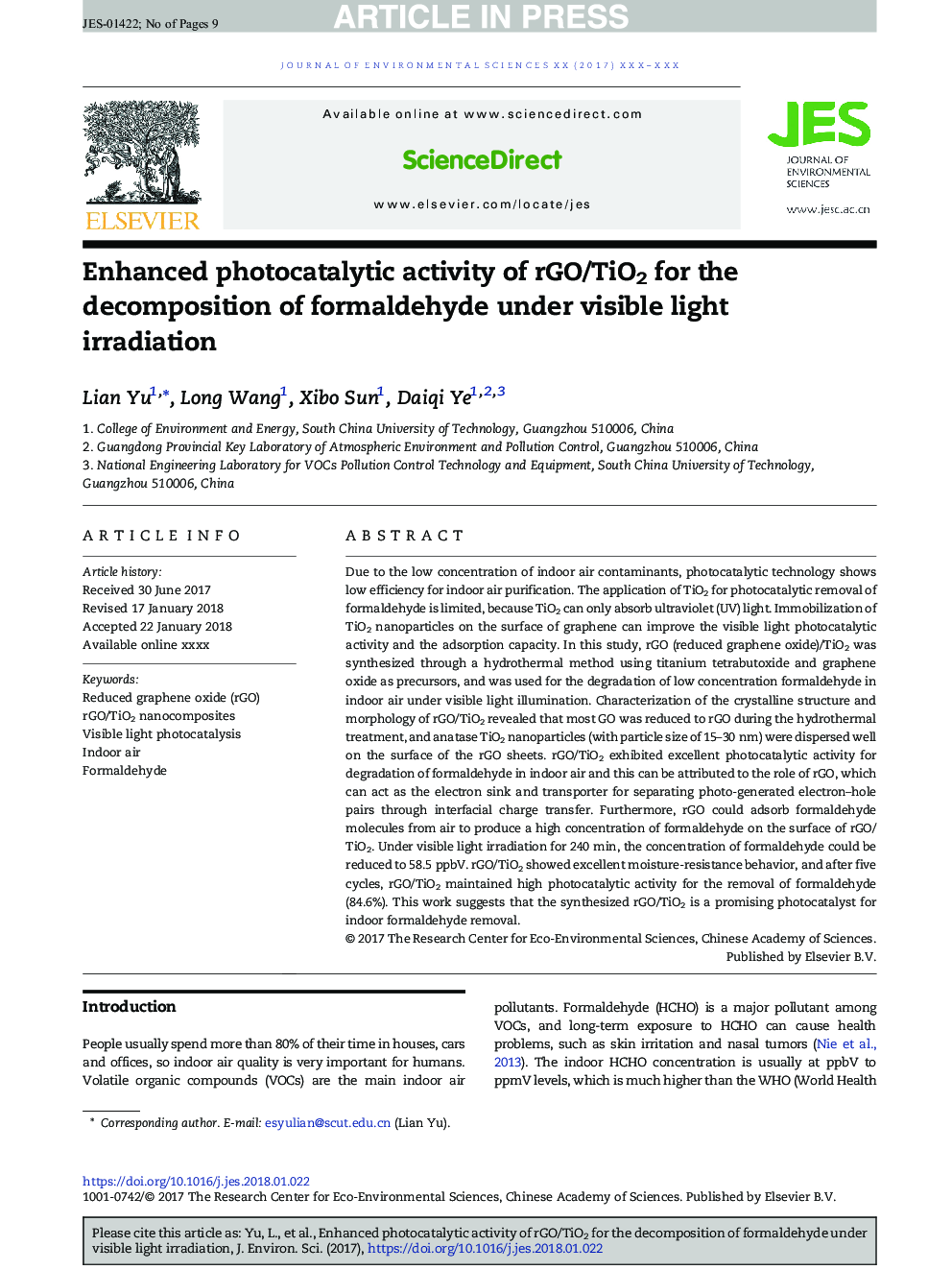 Enhanced photocatalytic activity of rGO/TiO2 for the decomposition of formaldehyde under visible light irradiation