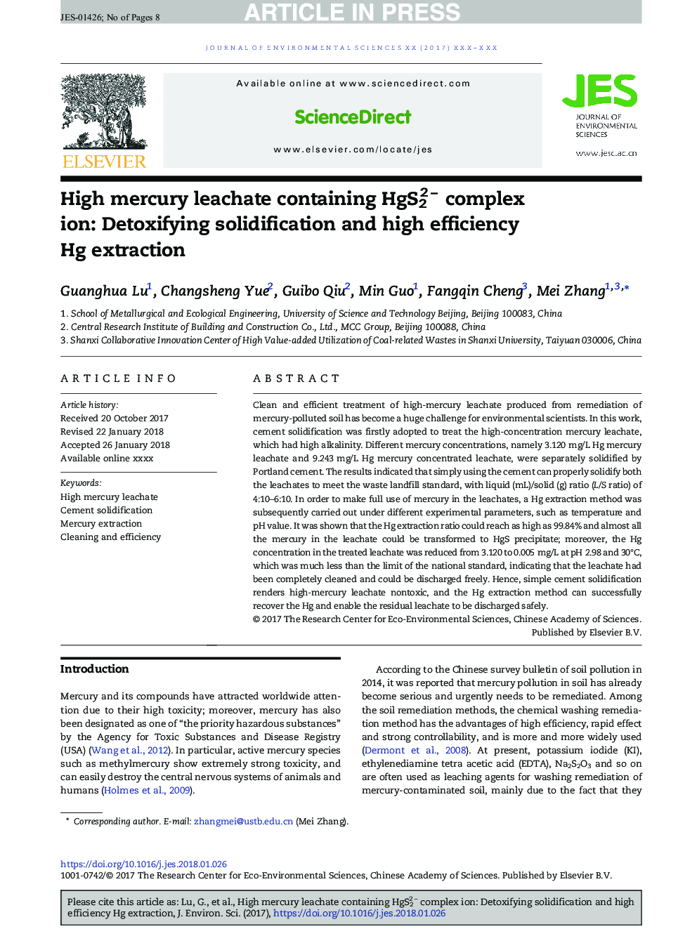 High mercury leachate containing HgS22Â â complex ion: Detoxifying solidification and high efficiency Hg extraction