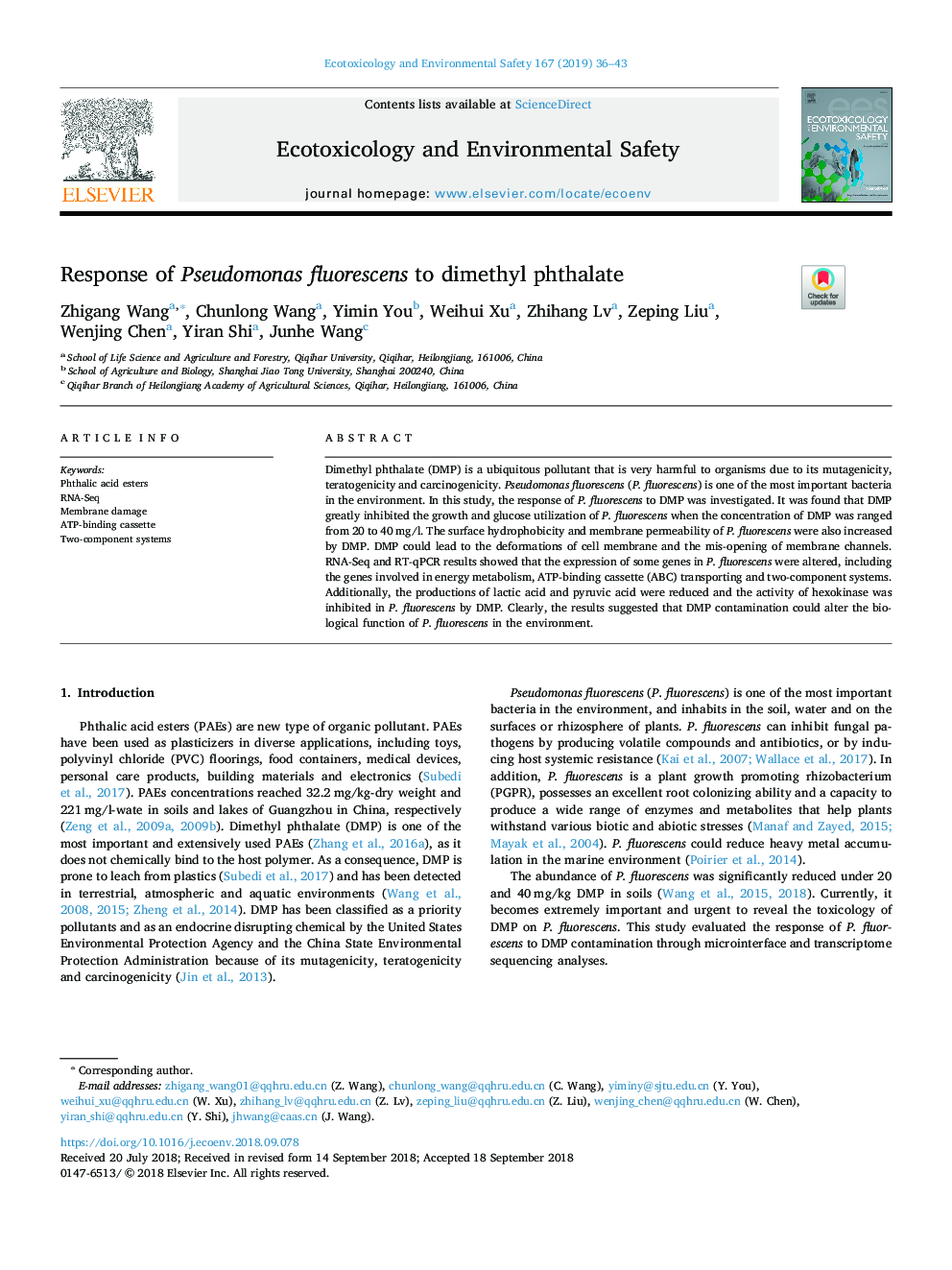 Response of Pseudomonas fluorescens to dimethyl phthalate