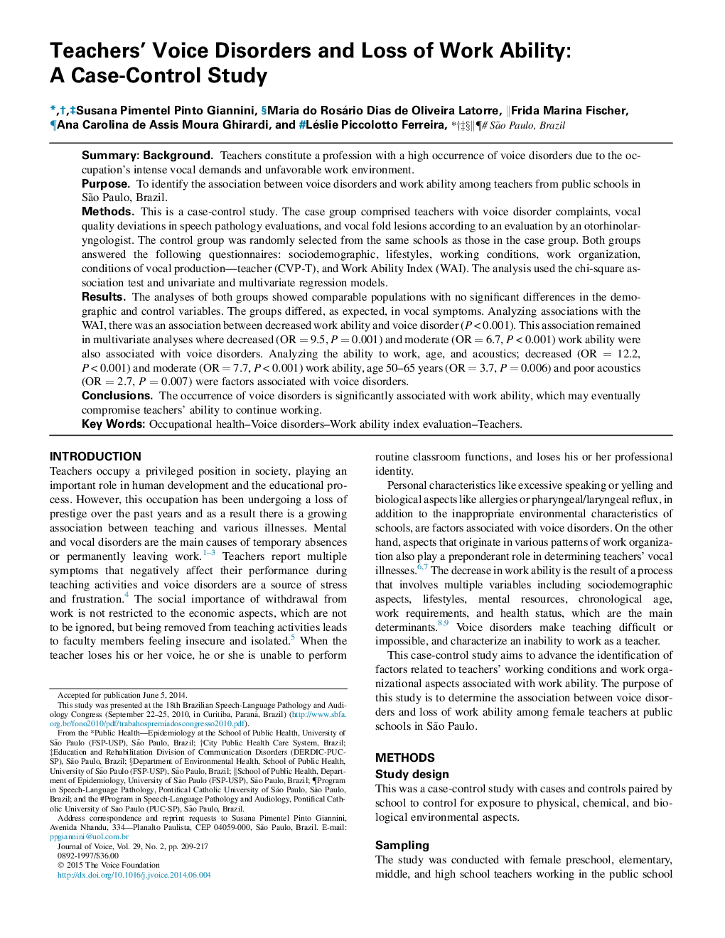 Teachers' Voice Disorders and Loss of Work Ability: A Case-Control Study 