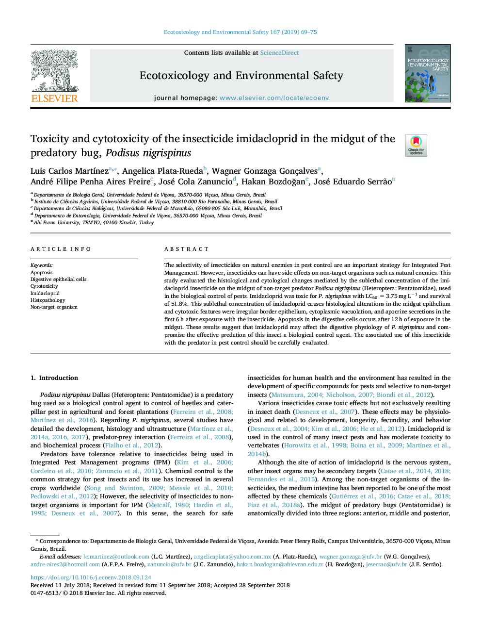 Toxicity and cytotoxicity of the insecticide imidacloprid in the midgut of the predatory bug, Podisus nigrispinus