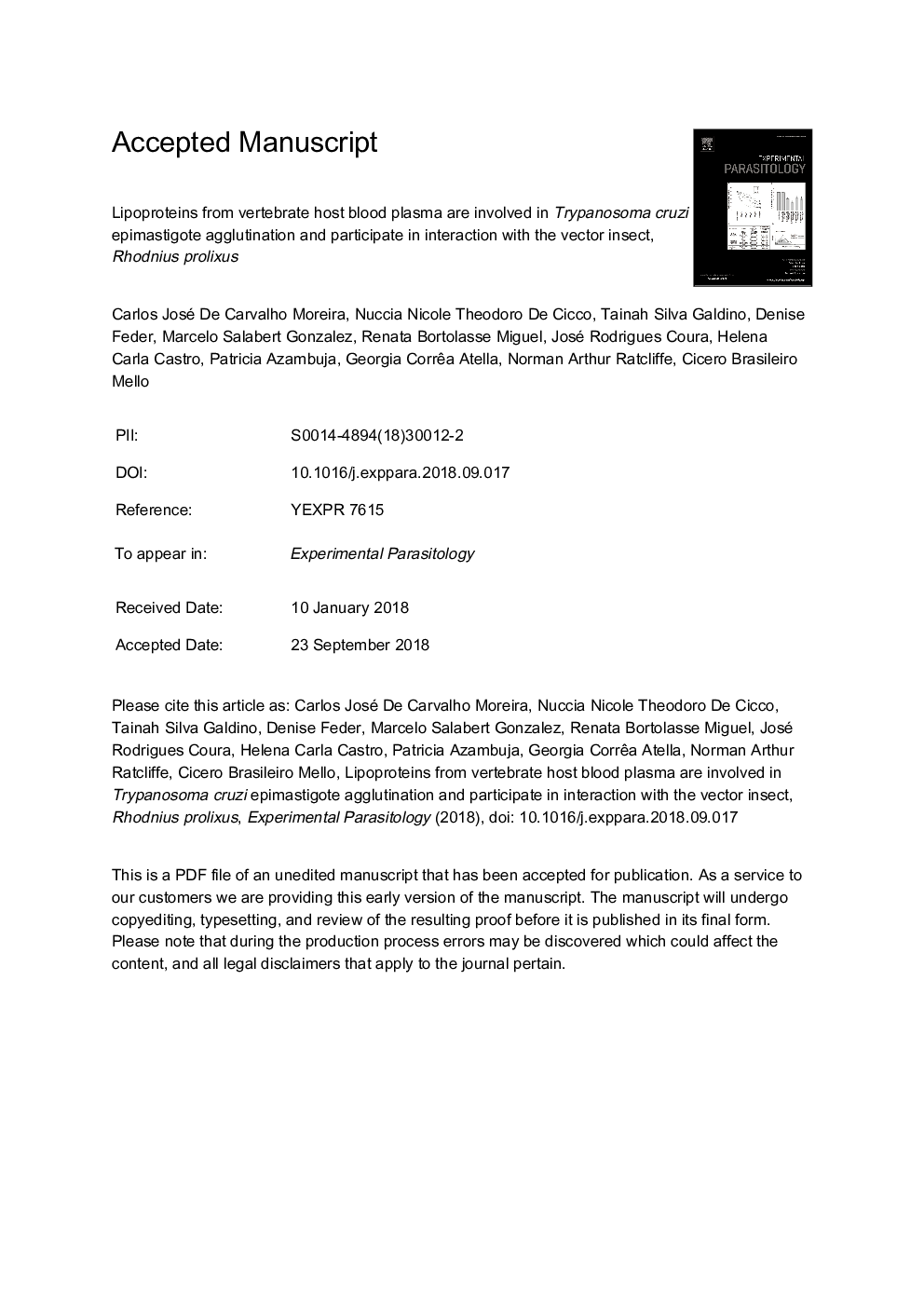 Lipoproteins from vertebrate host blood plasma are involved in Trypanosoma cruzi epimastigote agglutination and participate in interaction with the vector insect, Rhodnius prolixus