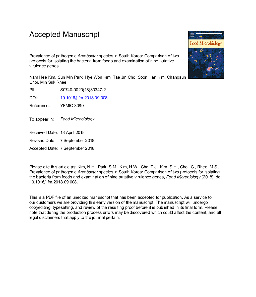 Prevalence of pathogenic Arcobacter species in South Korea: Comparison of two protocols for isolating the bacteria from foods and examination of nine putative virulence genes