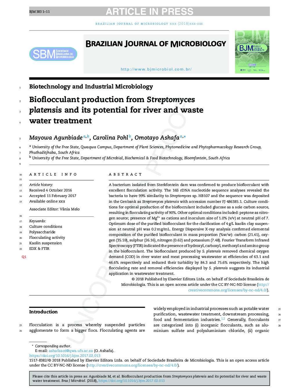 Bioflocculant production from Streptomyces platensis and its potential for river and waste water treatment