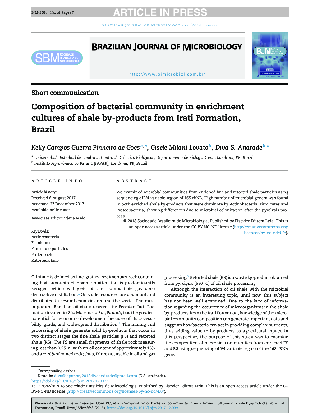 Composition of bacterial community in enrichment cultures of shale by-products from Irati Formation, Brazil