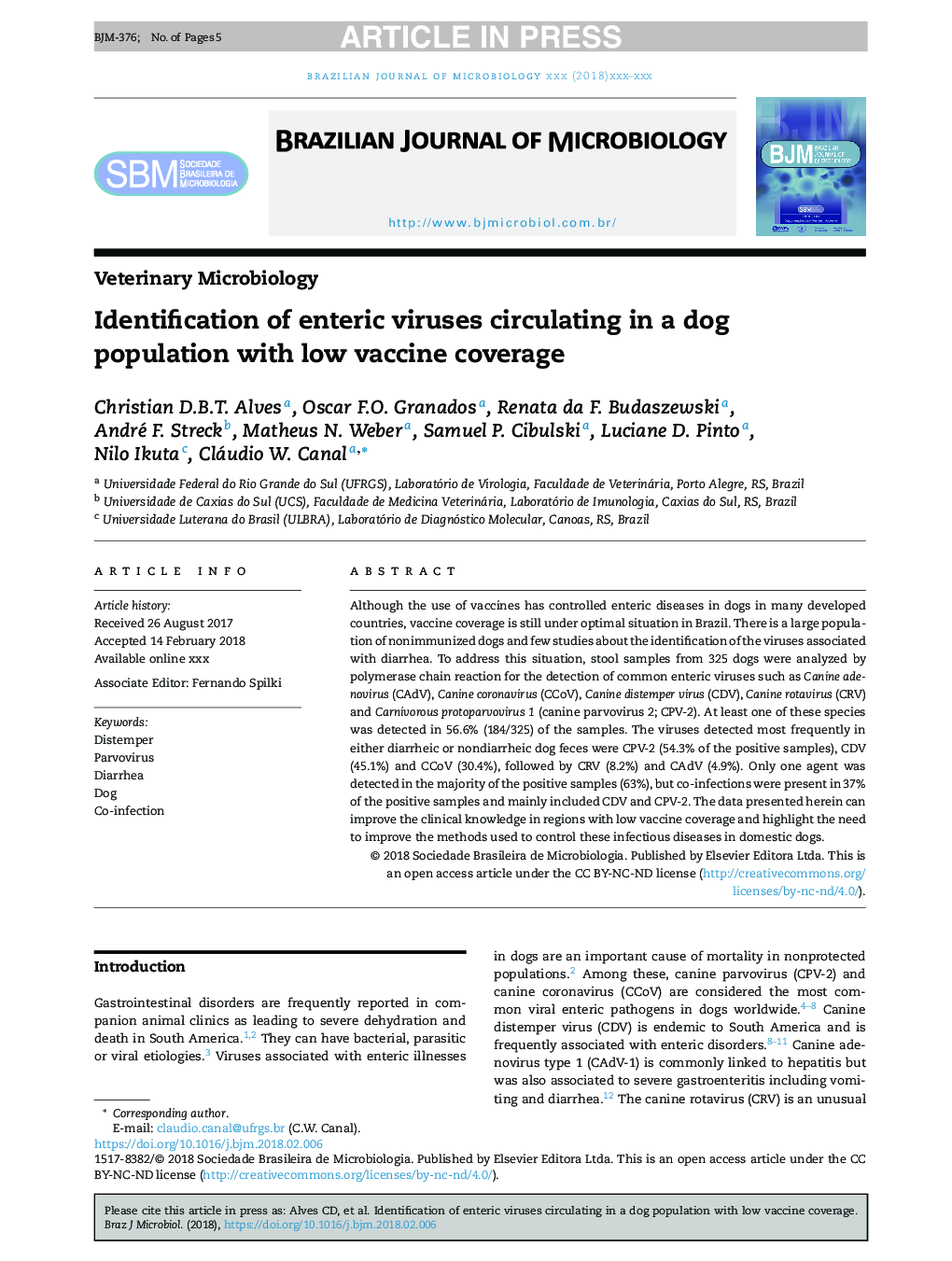 Identification of enteric viruses circulating in a dog population with low vaccine coverage