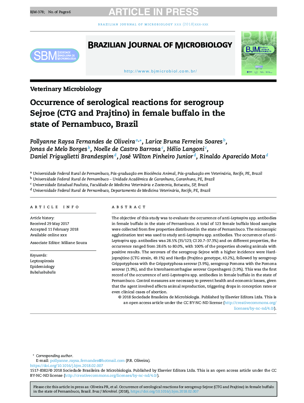 Occurrence of serological reactions for serogroup Sejroe (CTG and Prajtino) in female buffalo in the state of Pernambuco, Brazil