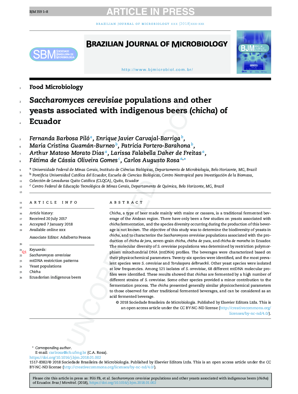 Saccharomyces cerevisiae populations and other yeasts associated with indigenous beers (chicha) of Ecuador