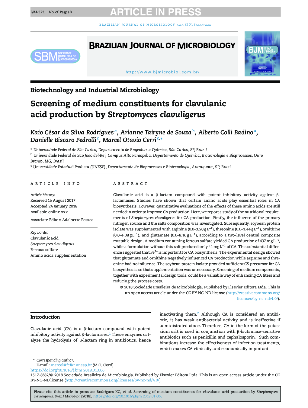 Screening of medium constituents for clavulanic acid production by Streptomyces clavuligerus