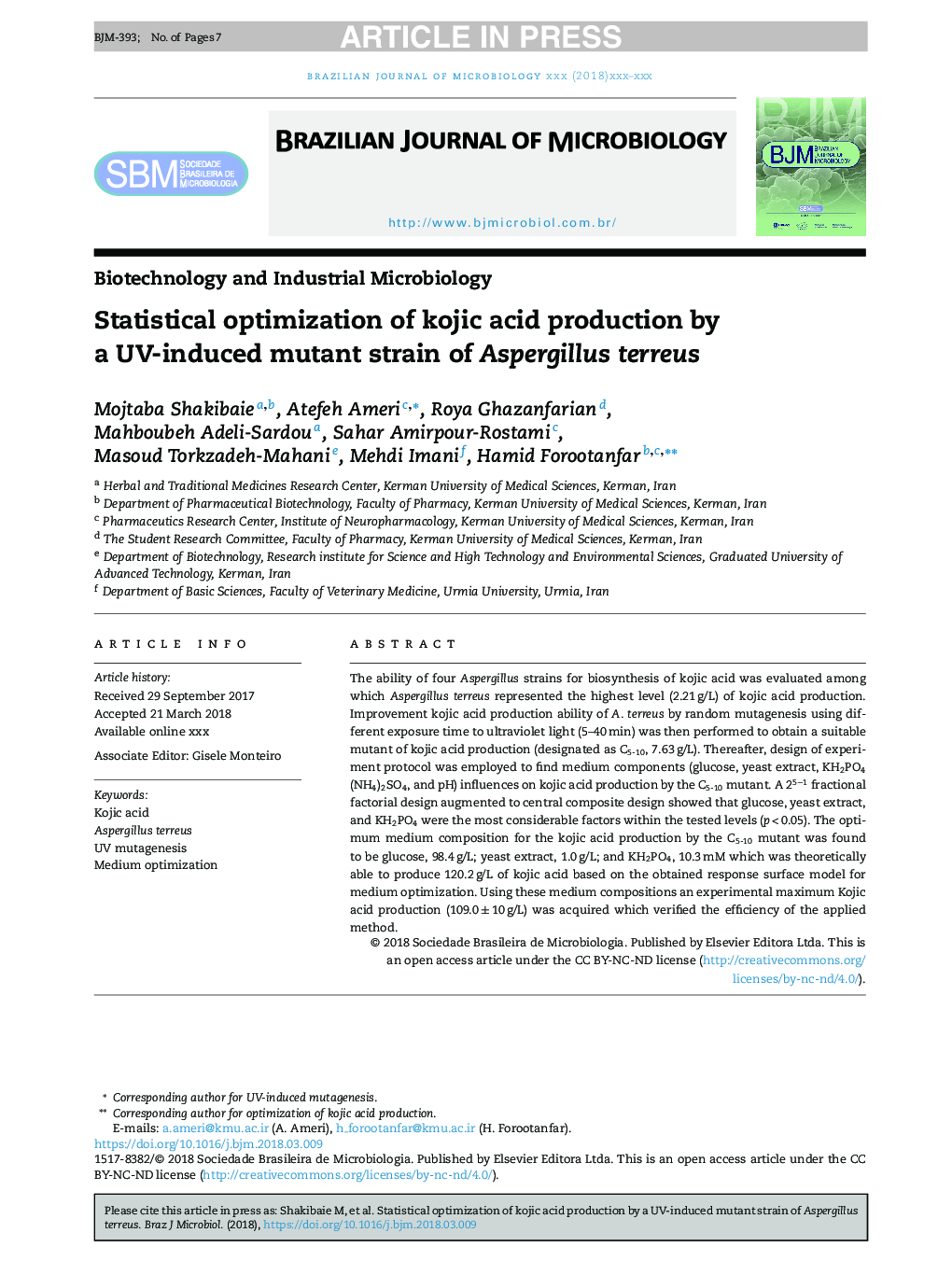 Statistical optimization of kojic acid production by a UV-induced mutant strain of Aspergillus terreus