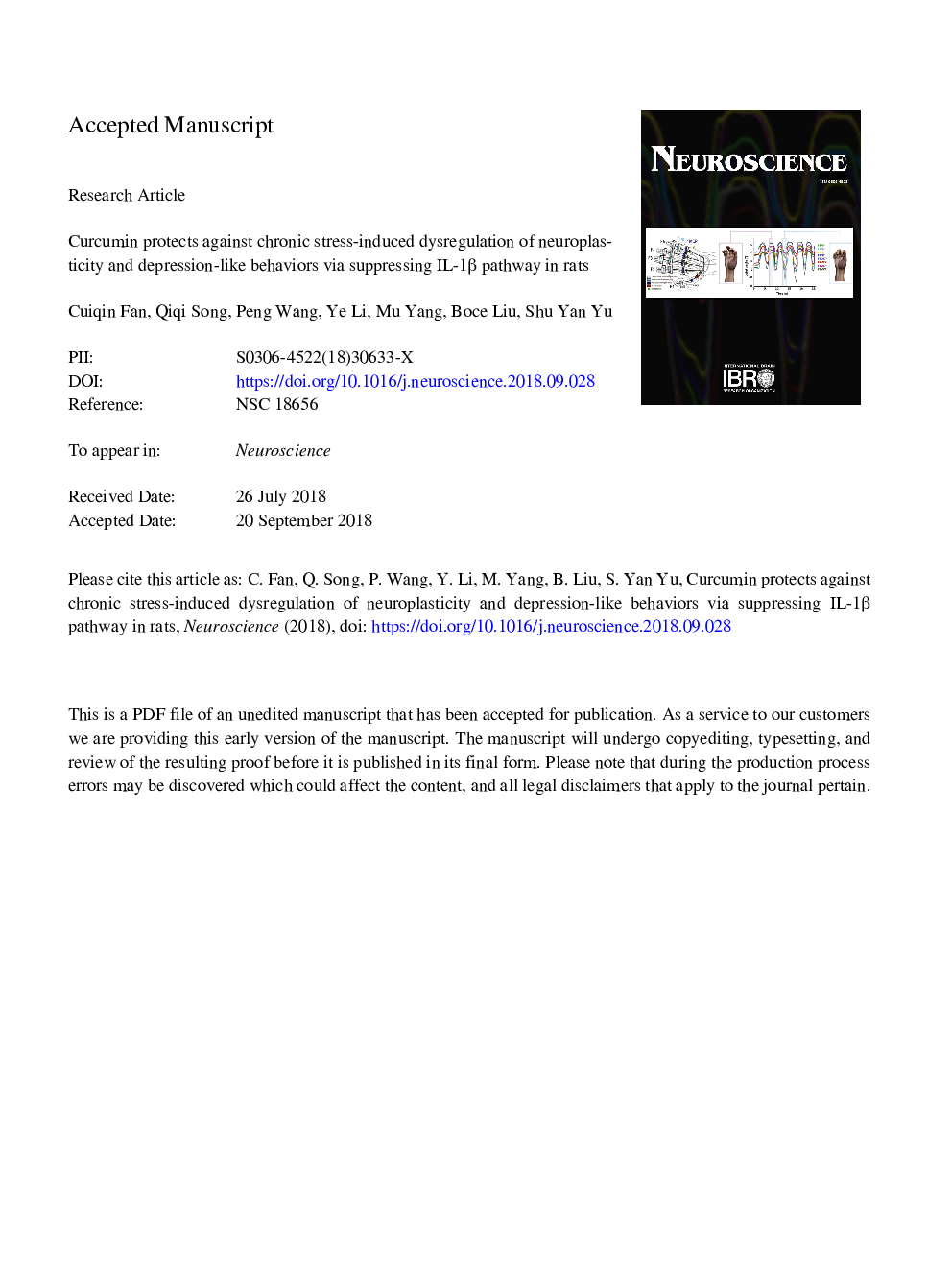 Curcumin Protects Against Chronic Stress-induced Dysregulation of Neuroplasticity and Depression-like Behaviors via Suppressing IL-1Î² Pathway in Rats