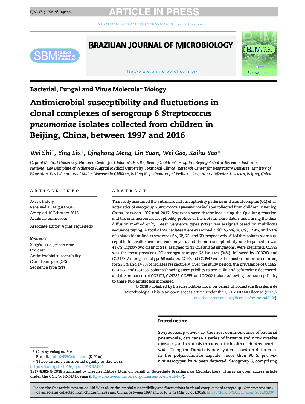 Antimicrobial susceptibility and fluctuations in clonal complexes of serogroup 6 Streptococcus pneumoniae isolates collected from children in Beijing, China, between 1997 and 2016