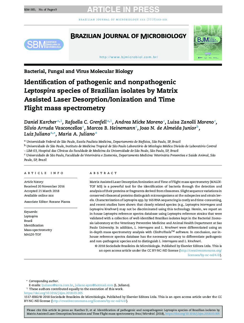 Identification of pathogenic and nonpathogenic Leptospira species of Brazilian isolates by Matrix Assisted Laser Desorption/Ionization and Time Flight mass spectrometry