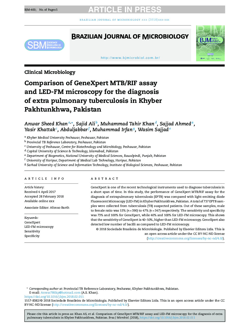 Comparison of GeneXpert MTB/RIF assay and LED-FM microscopy for the diagnosis of extra pulmonary tuberculosis in Khyber Pakhtunkhwa, Pakistan