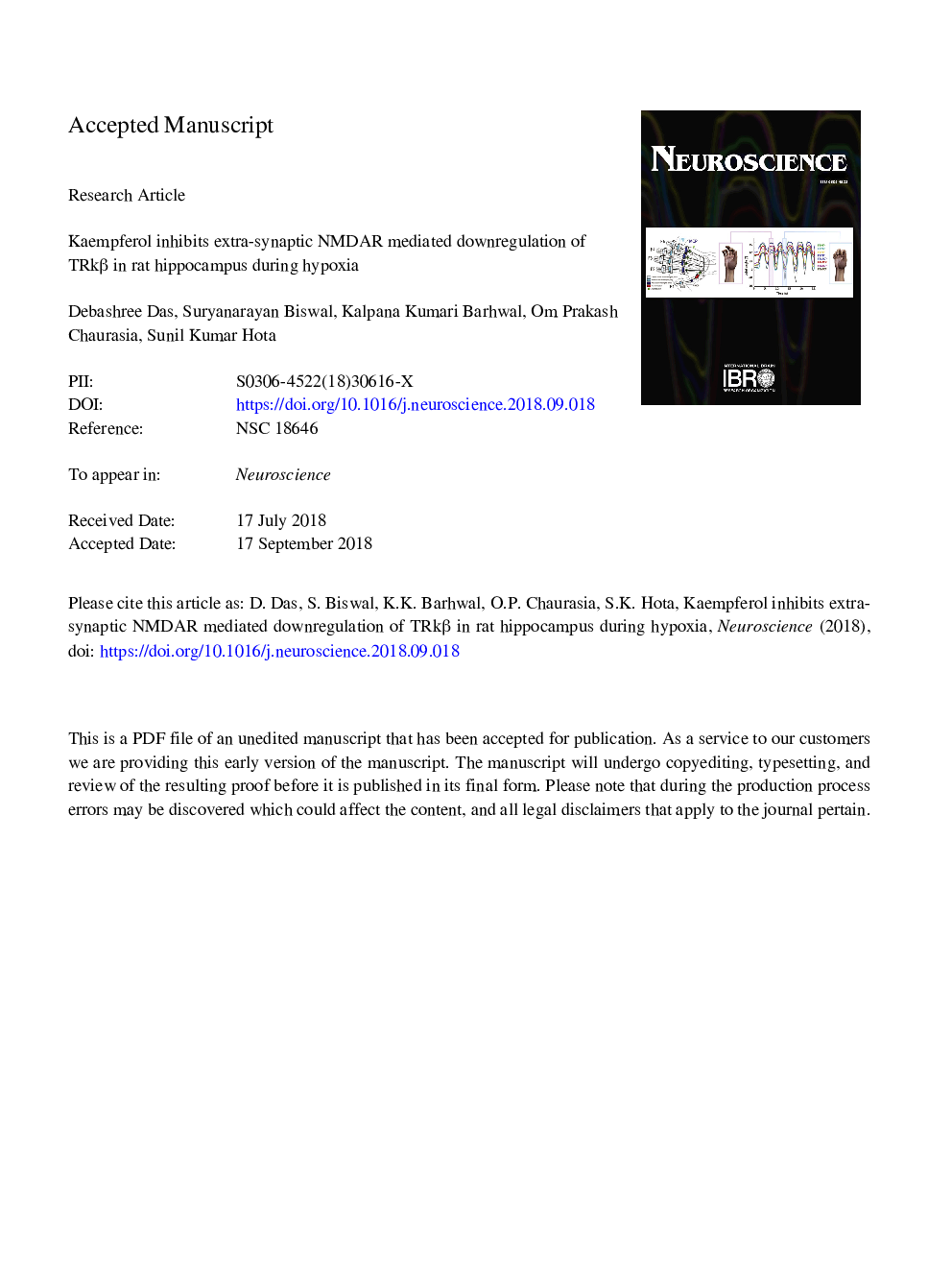 Kaempferol Inhibits Extra-synaptic NMDAR-Mediated Downregulation of TRkÎ² in Rat Hippocampus During Hypoxia