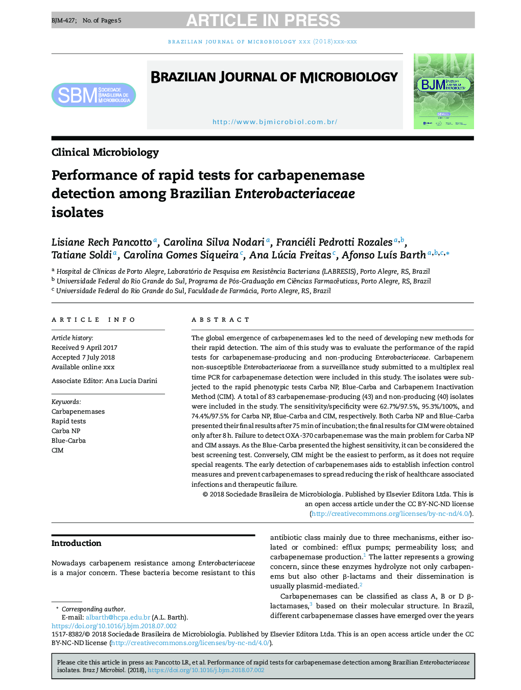 Performance of rapid tests for carbapenemase detection among Brazilian Enterobacteriaceae isolates