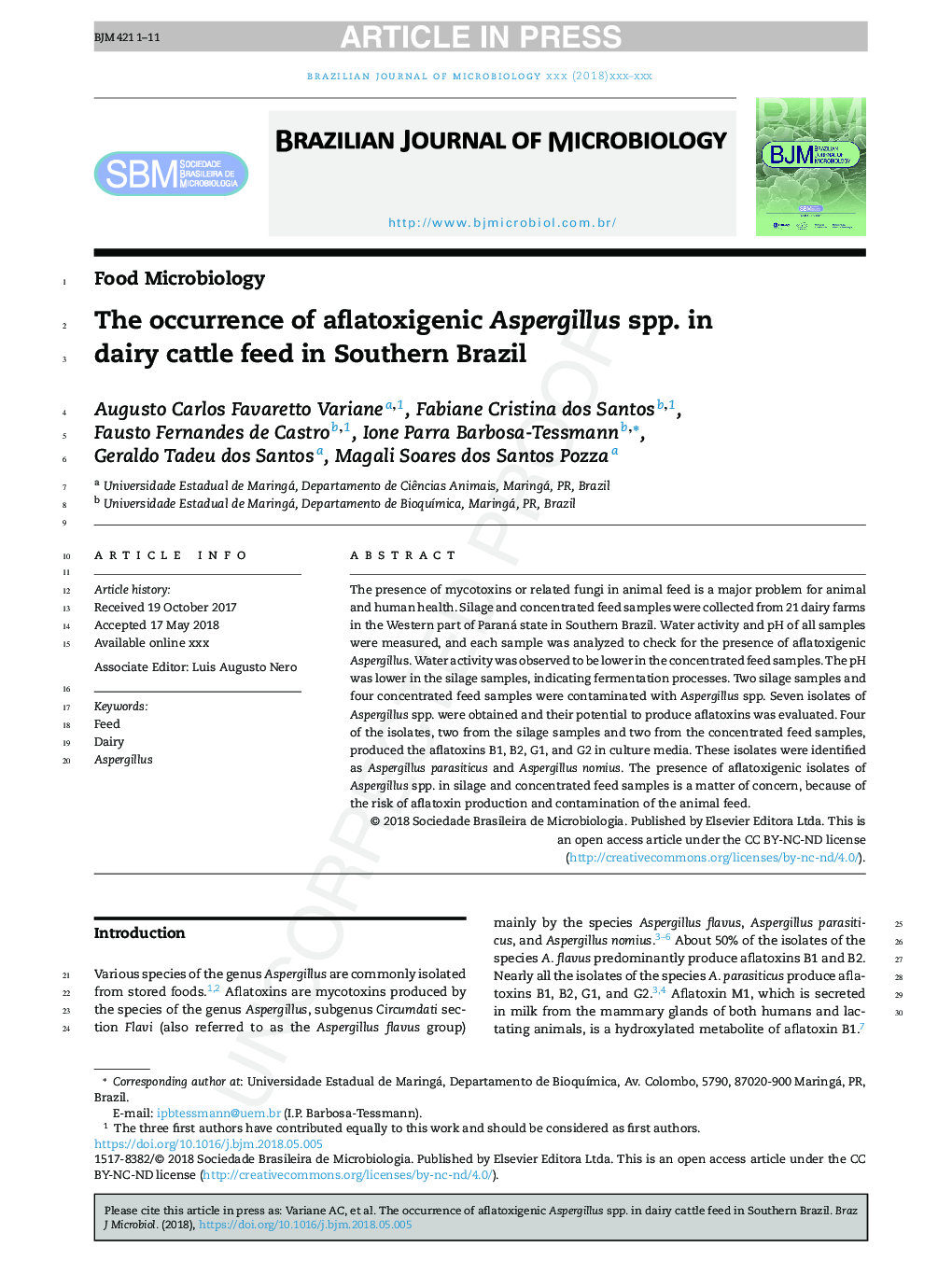 The occurrence of aflatoxigenic Aspergillus spp. in dairy cattle feed in Southern Brazil