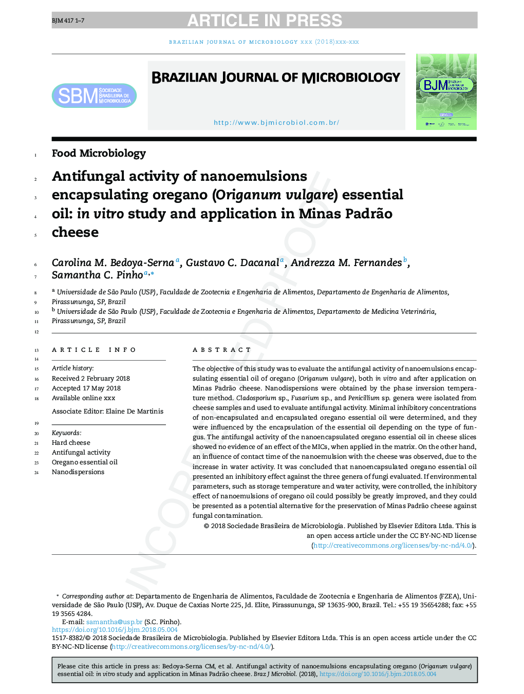 Antifungal activity of nanoemulsions encapsulating oregano (Origanum vulgare) essential oil: in vitro study and application in Minas PadrÃ£o cheese