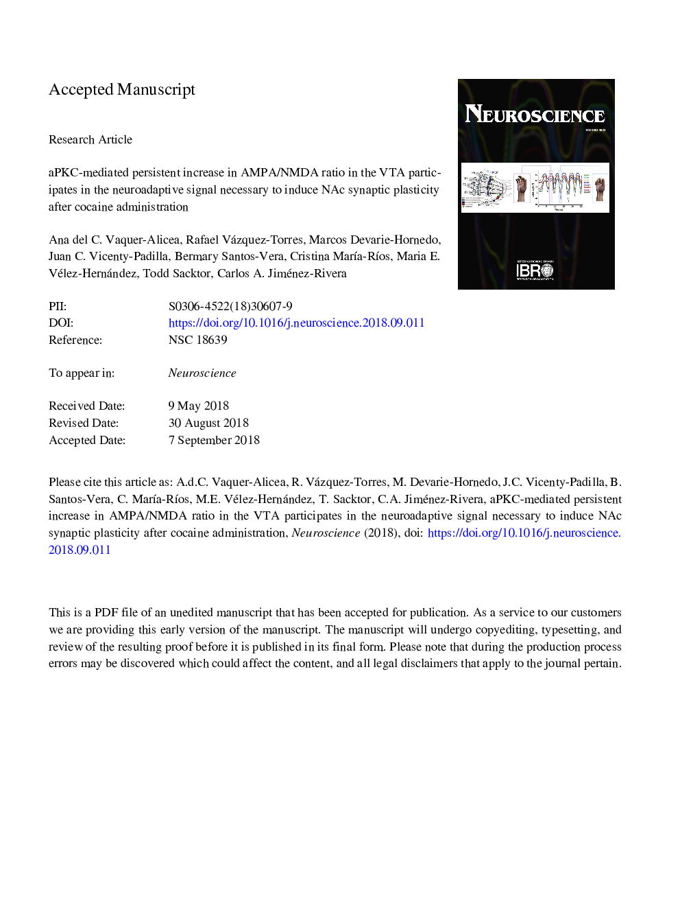 aPKC-Mediated Persistent Increase in AMPA/NMDA Ratio in the VTA Participates in the Neuroadaptive Signal Necessary to Induce NAc Synaptic Plasticity After Cocaine Administration