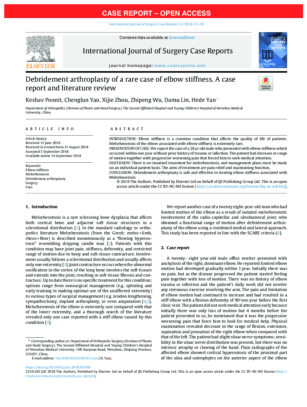 Debridement arthroplasty of a rare case of elbow stiffness. A case report and literature review