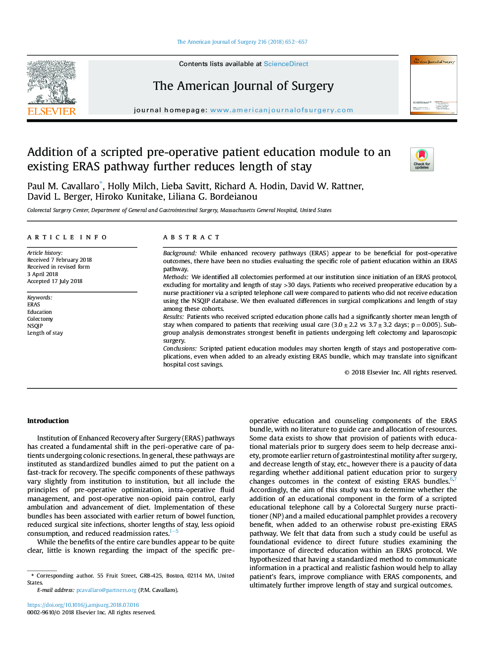 Addition of a scripted pre-operative patient education module to an existing ERAS pathway further reduces length of stay