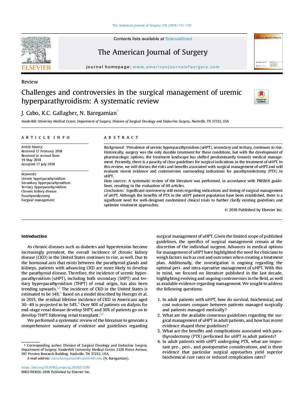 Challenges and controversies in the surgical management of uremic hyperparathyroidism: A systematic review