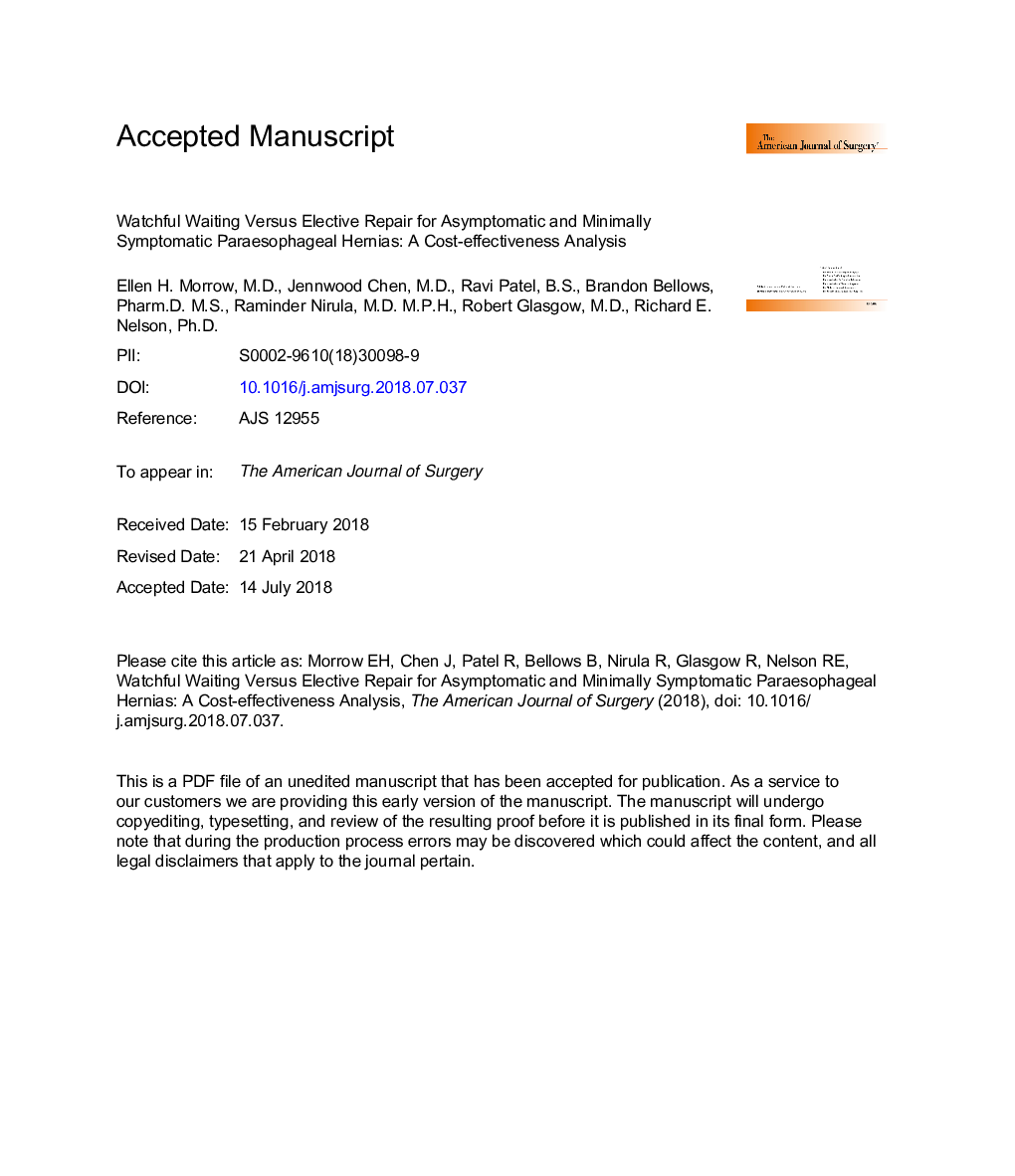 Watchful waiting versus elective repair for asymptomatic and minimally symptomatic paraesophageal hernias: A cost-effectiveness analysis