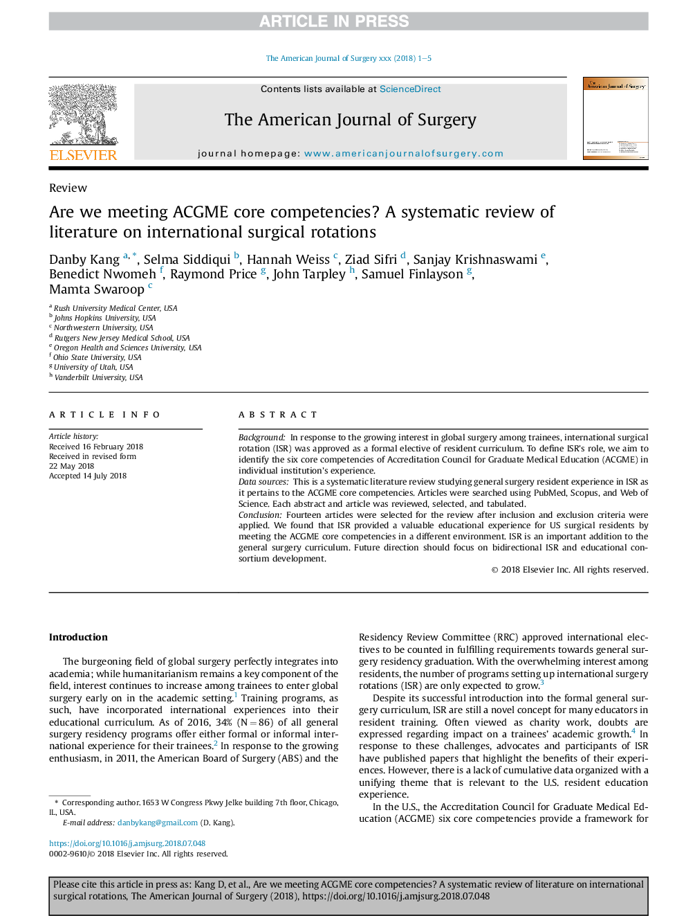 Are we meeting ACGME core competencies? A systematic review of literature on international surgical rotations