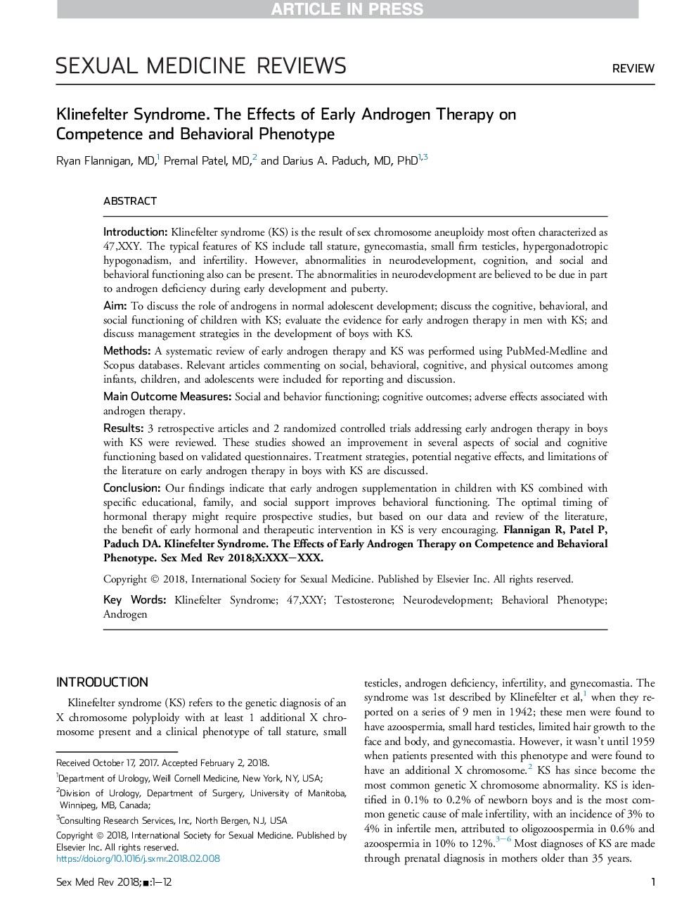 Klinefelter Syndrome. The Effects of Early Androgen Therapy on Competence and Behavioral Phenotype