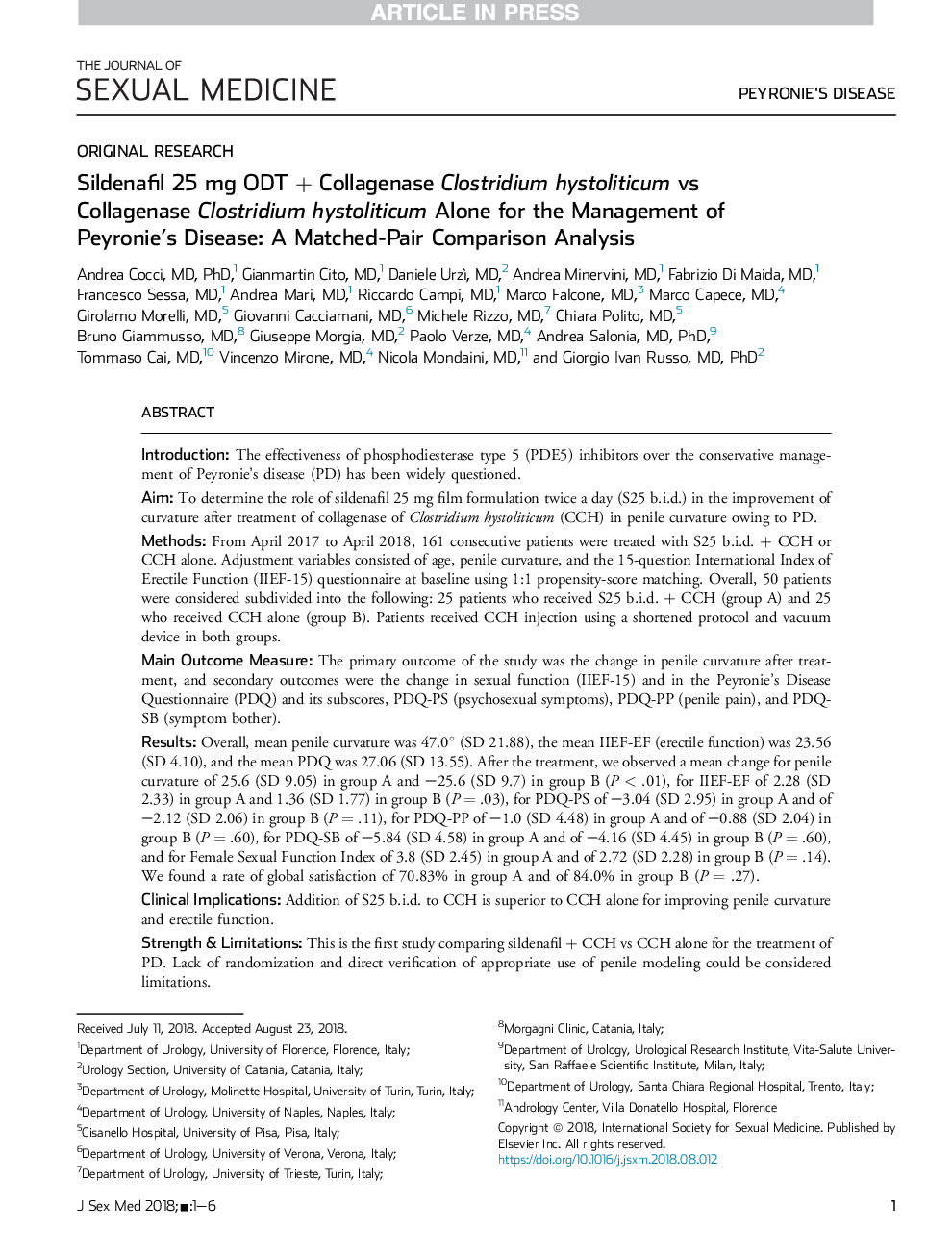 Sildenafil 25 mg ODTÂ + Collagenase Clostridium hystoliticum vs Collagenase Clostridium hystoliticum Alone for the Management of Peyronie's Disease: A Matched-Pair Comparison Analysis