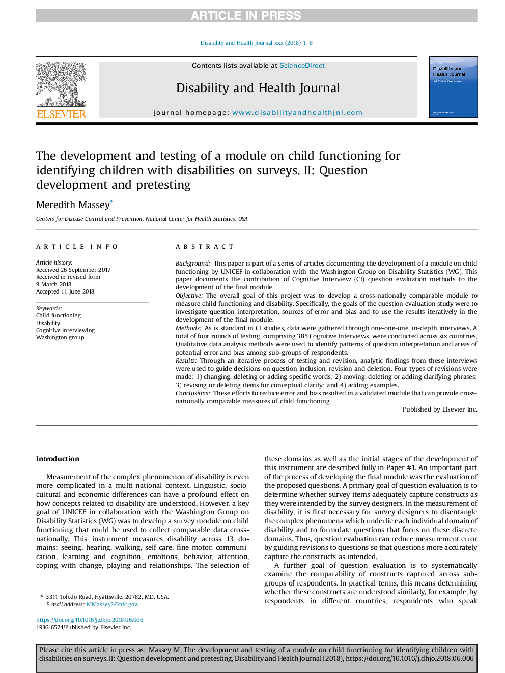 The development and testing of a module on child functioning for identifying children with disabilities on surveys. II: Question development and pretesting