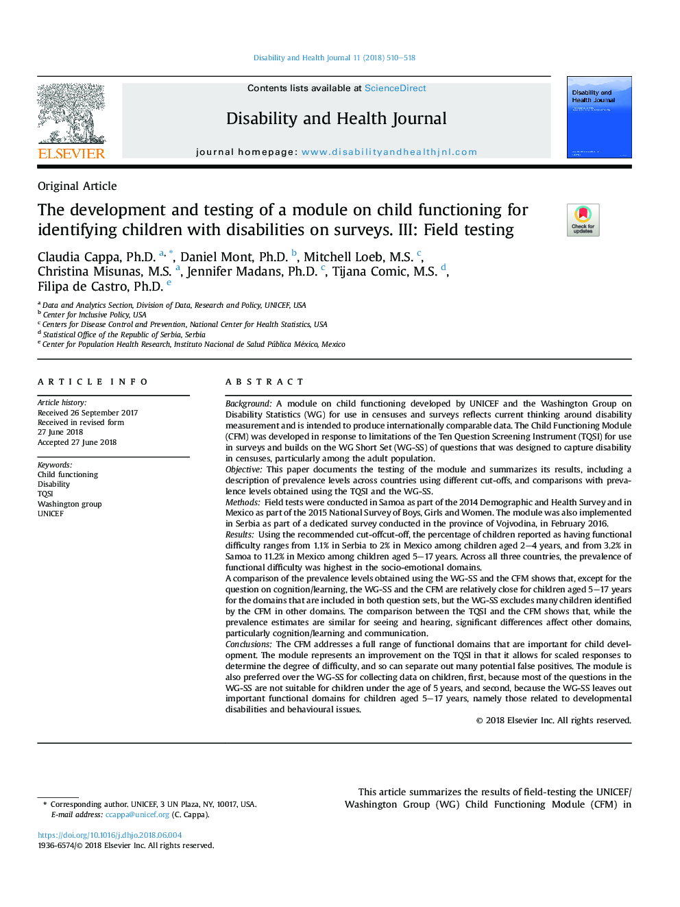 The development and testing of a module on child functioning for identifying children with disabilities on surveys. III: Field testing