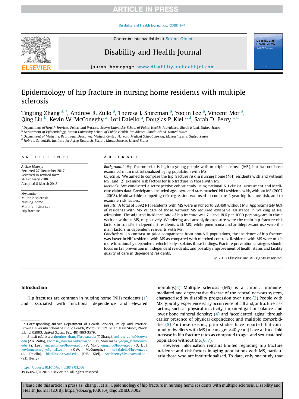 Epidemiology of hip fracture in nursing home residents with multiple sclerosis