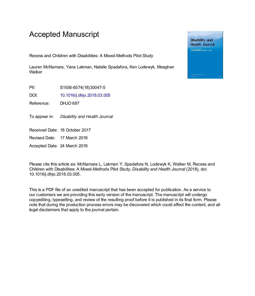 Recess and children with disabilities: A mixed-methods pilot study