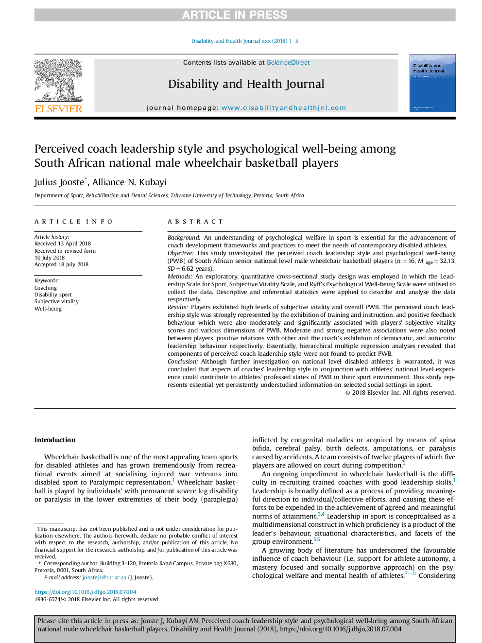 Perceived coach leadership style and psychological well-being among South African national male wheelchair basketball players