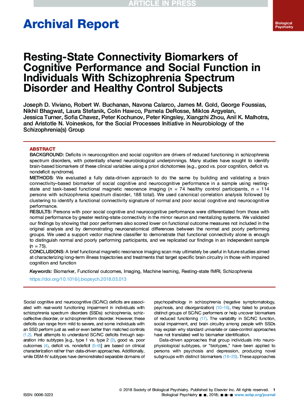 Resting-State Connectivity Biomarkers of Cognitive Performance and Social Function in Individuals With Schizophrenia Spectrum Disorder and Healthy Control Subjects