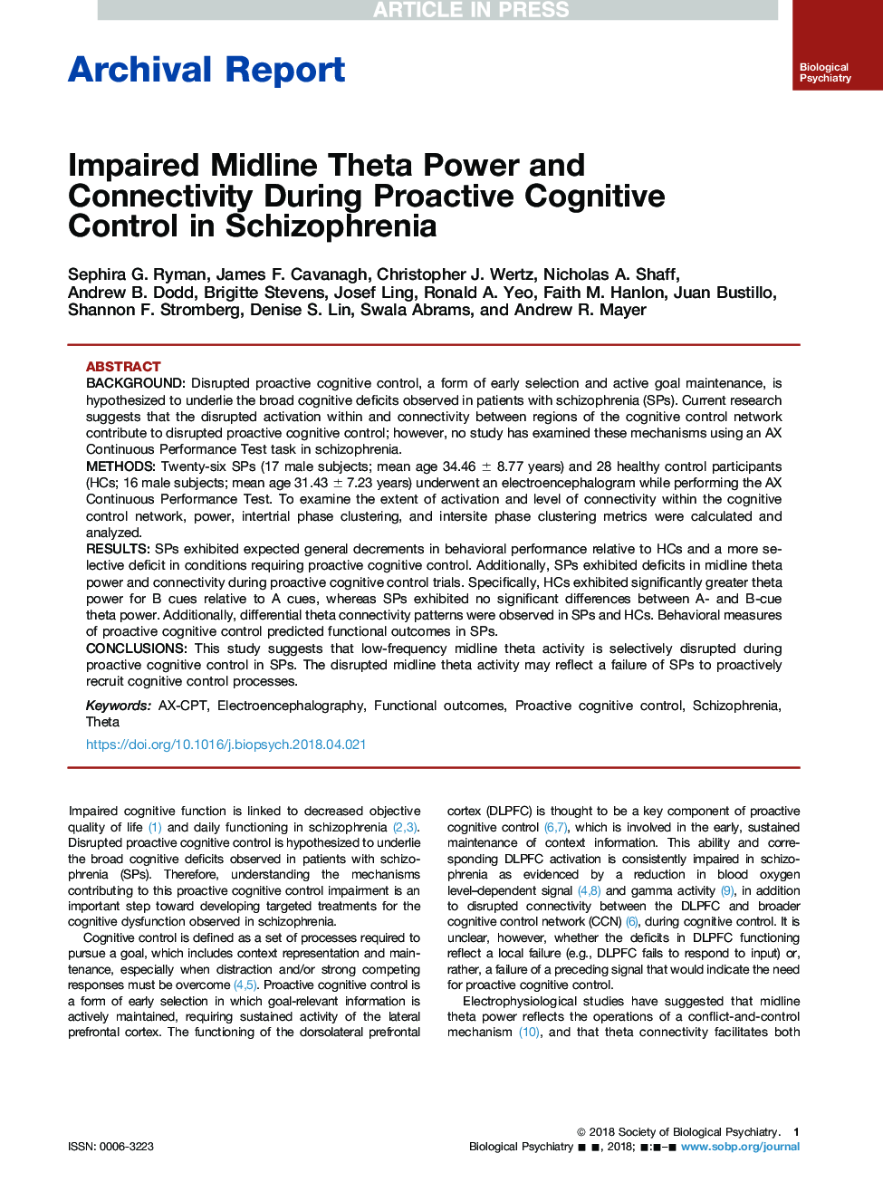 Impaired Midline Theta Power and Connectivity During Proactive Cognitive Control in Schizophrenia