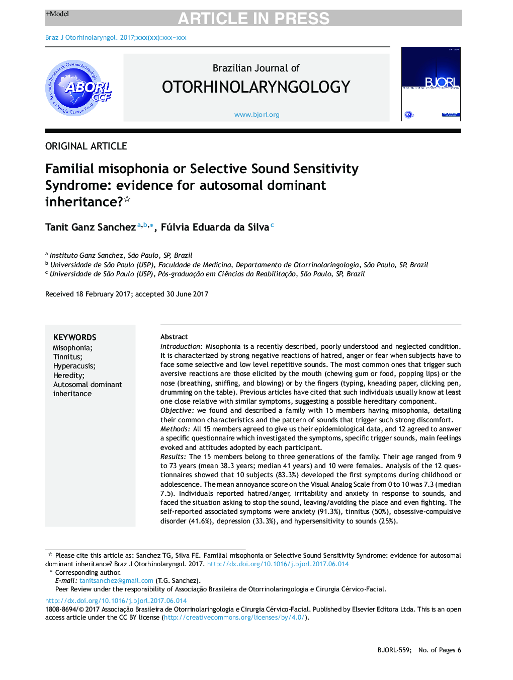 Familial misophonia or selective sound sensitivity syndrome : evidence for autosomal dominant inheritance?