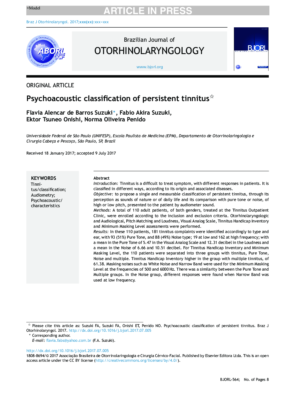 Psychoacoustic classification of persistent tinnitus