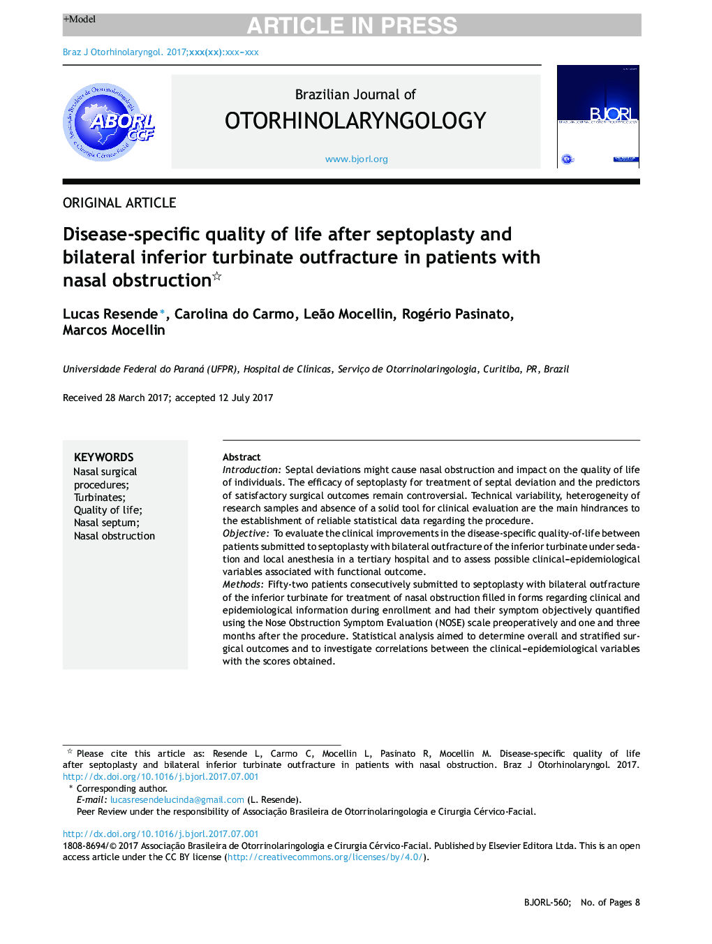 Disease-specific quality of life after septoplasty and bilateral inferior turbinate outfracture in patients with nasal obstruction