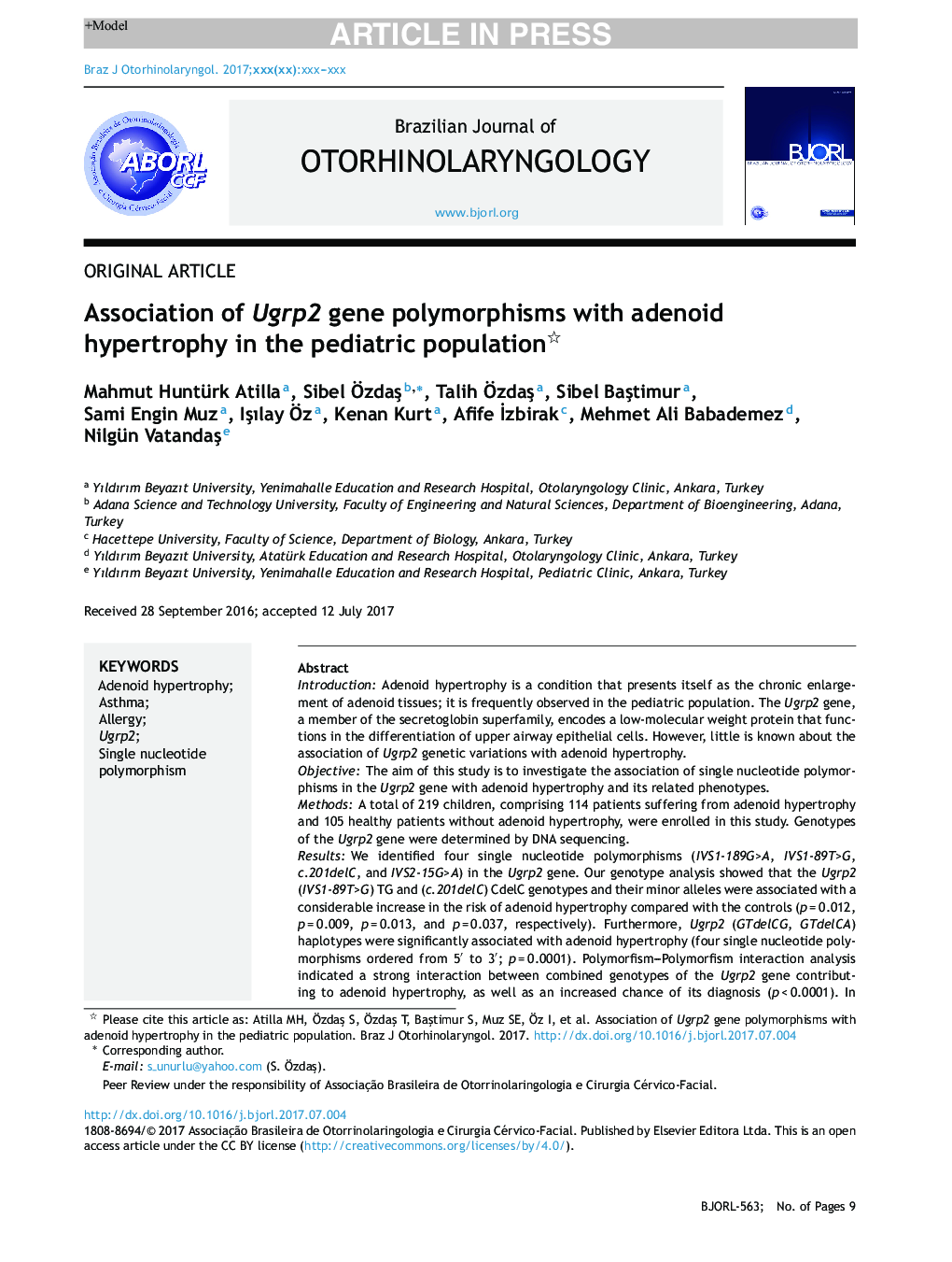 Association of Ugrp2 gene polymorphisms with adenoid hypertrophy in the pediatric population