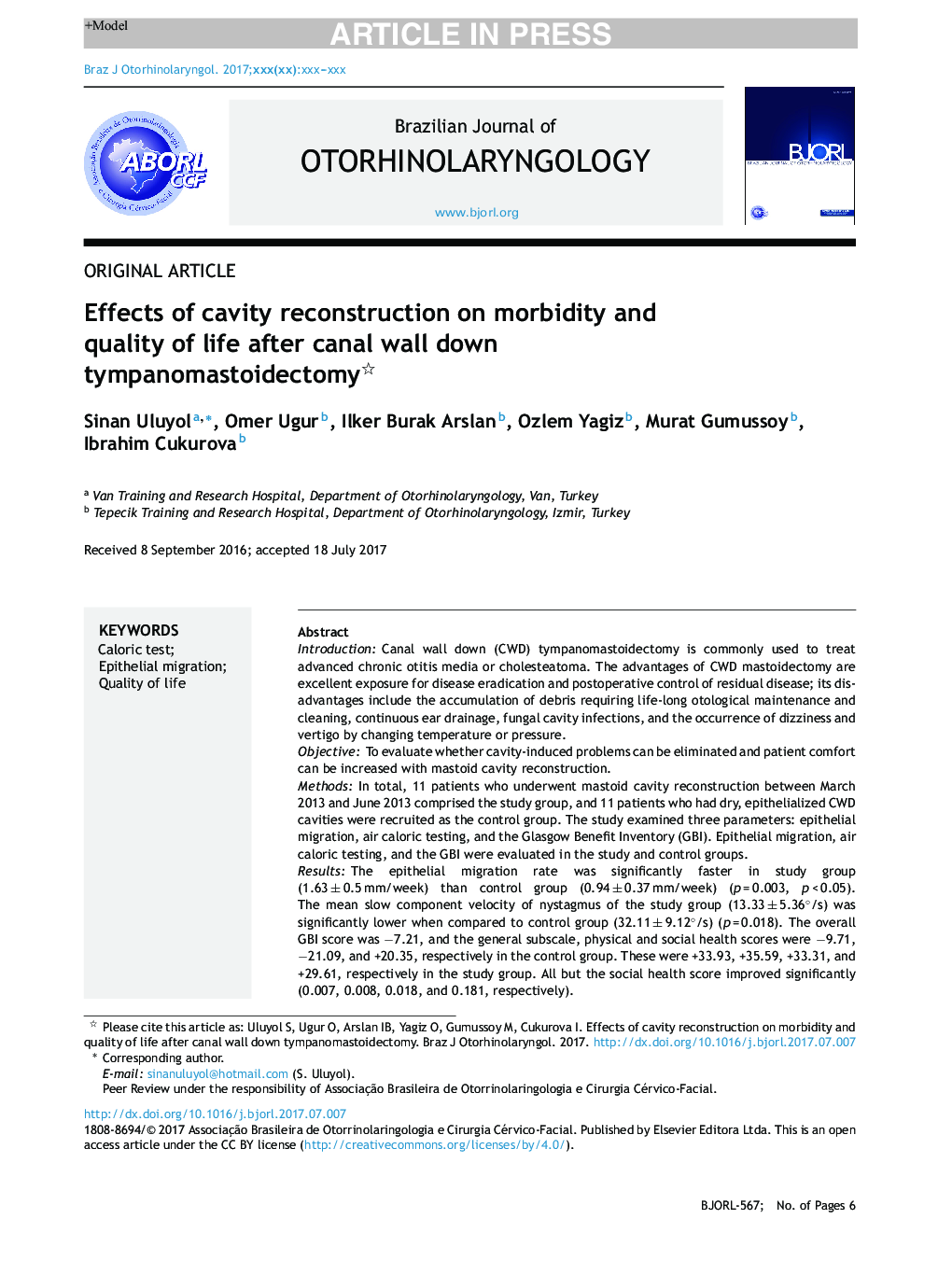 Effects of cavity reconstruction on morbidity and quality of life after canal wall down tympanomastoidectomy