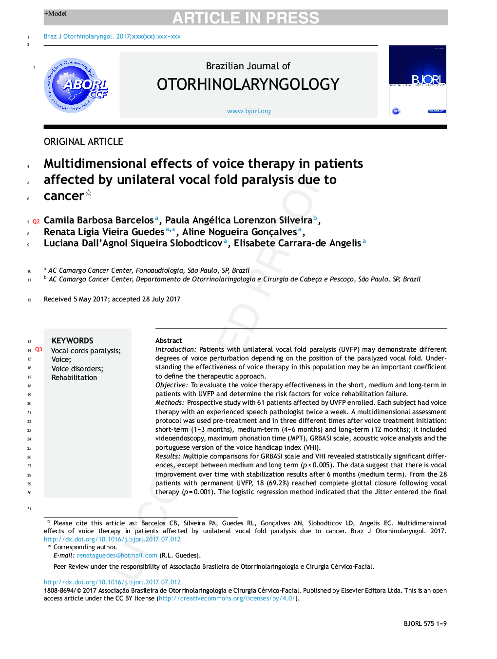 Multidimensional effects of voice therapy in patients affected by unilateral vocal fold paralysis due to cancer