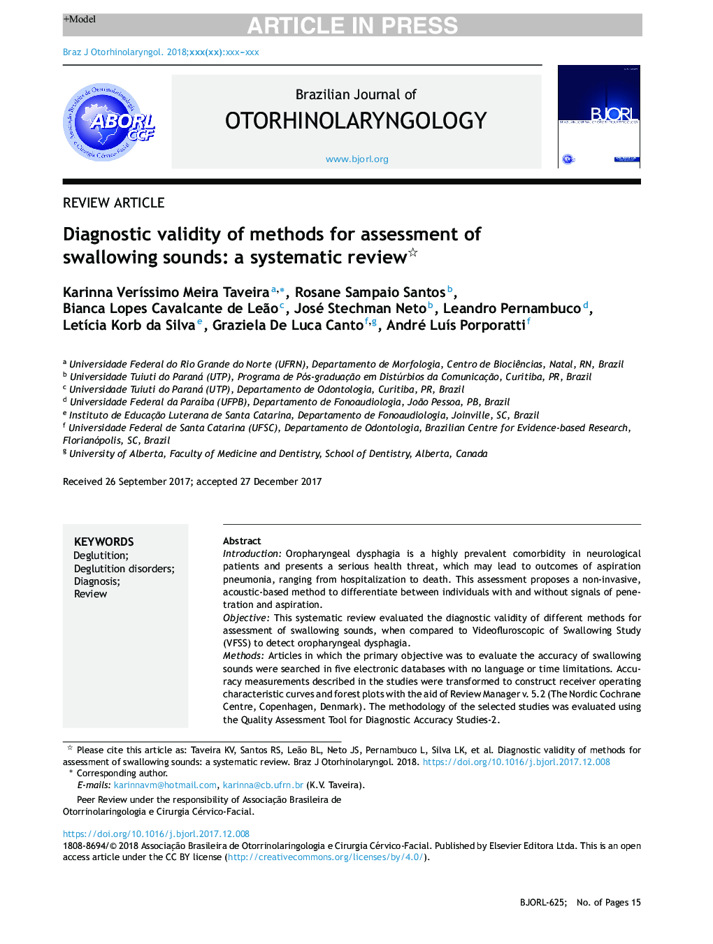 Diagnostic validity of methods for assessment of swallowing sounds: a systematic review