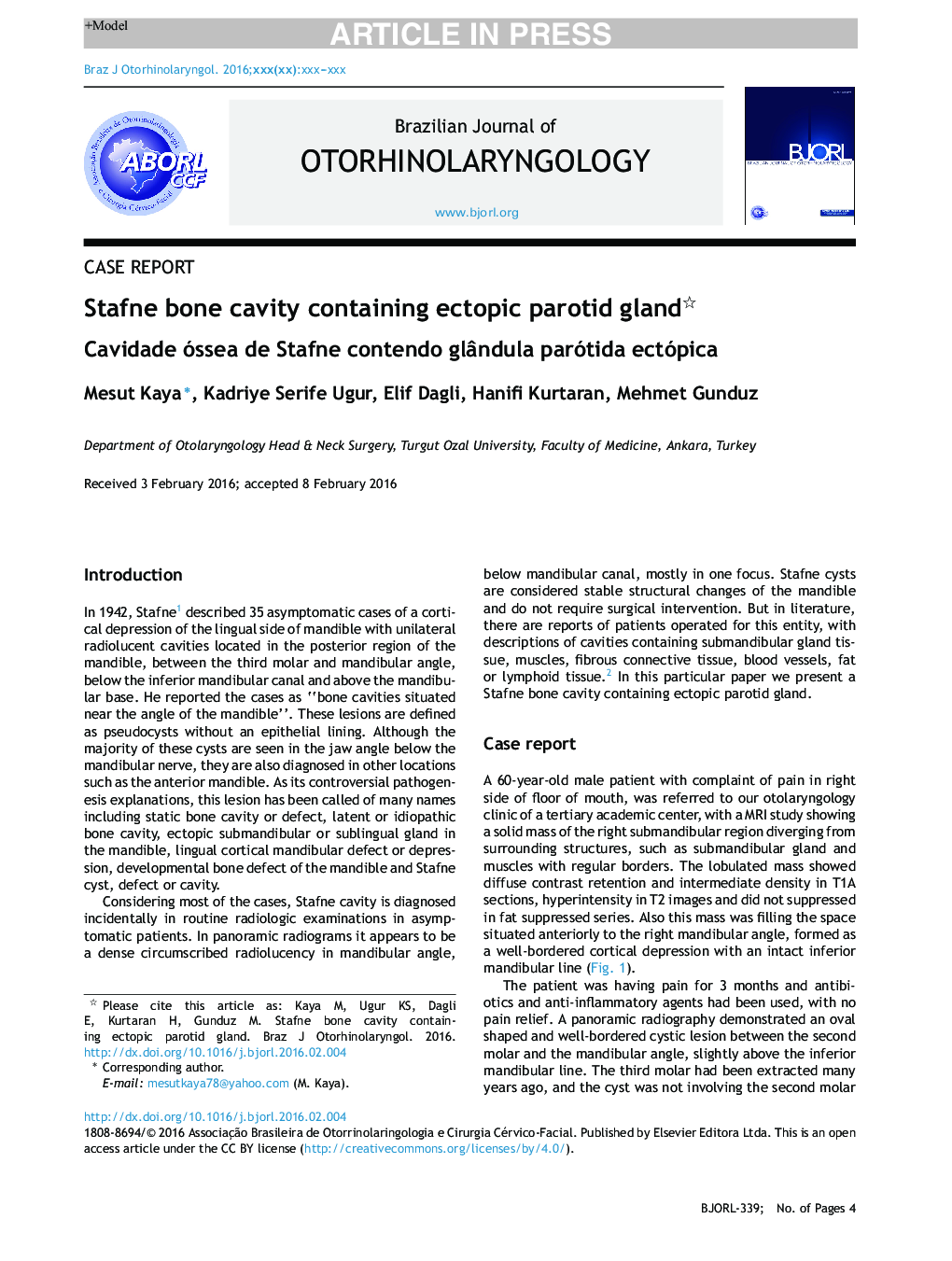 Stafne bone cavity containing ectopic parotid gland